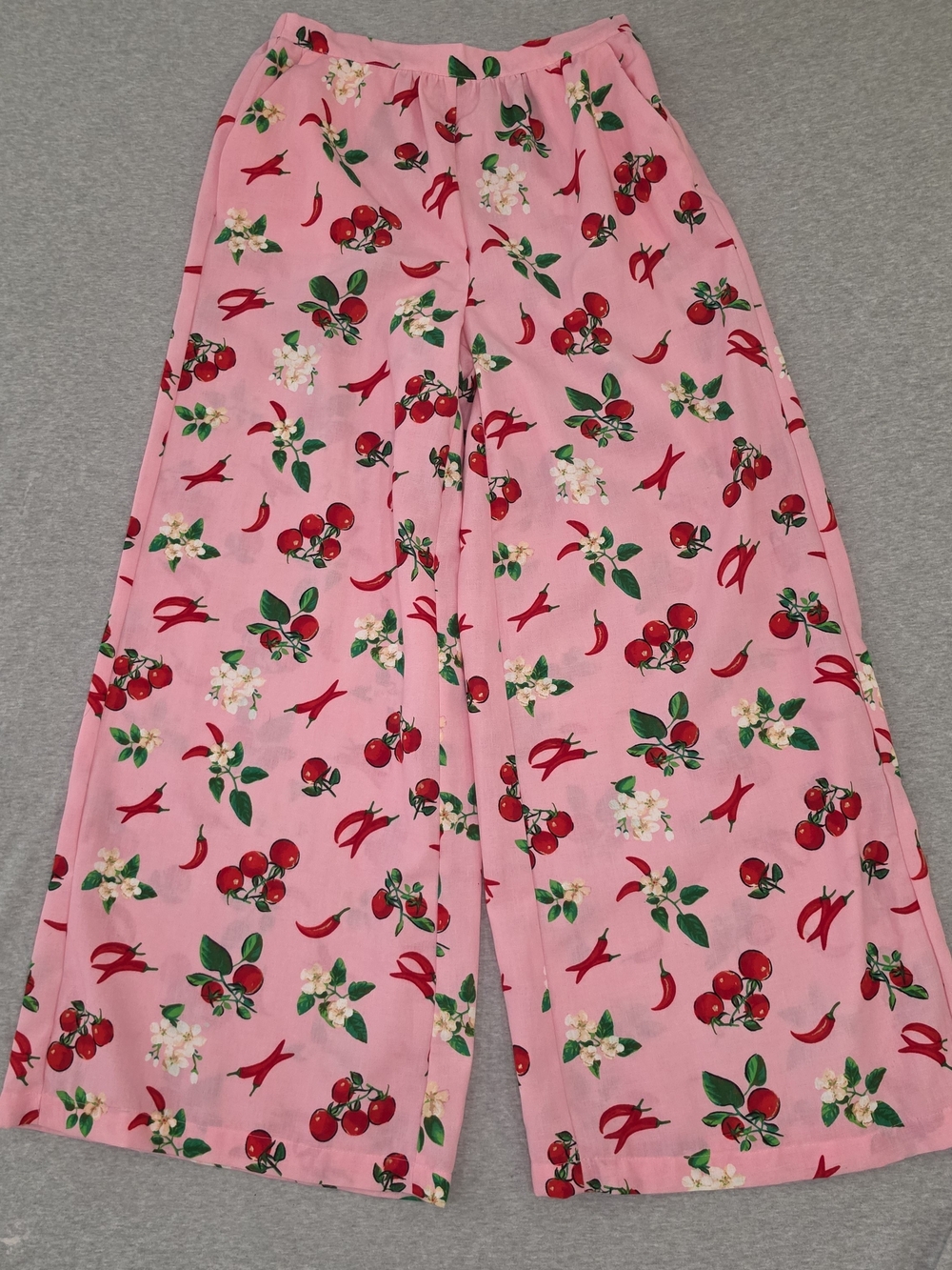 Pink Cherry-Print Wide-Leg Pants Size Medium